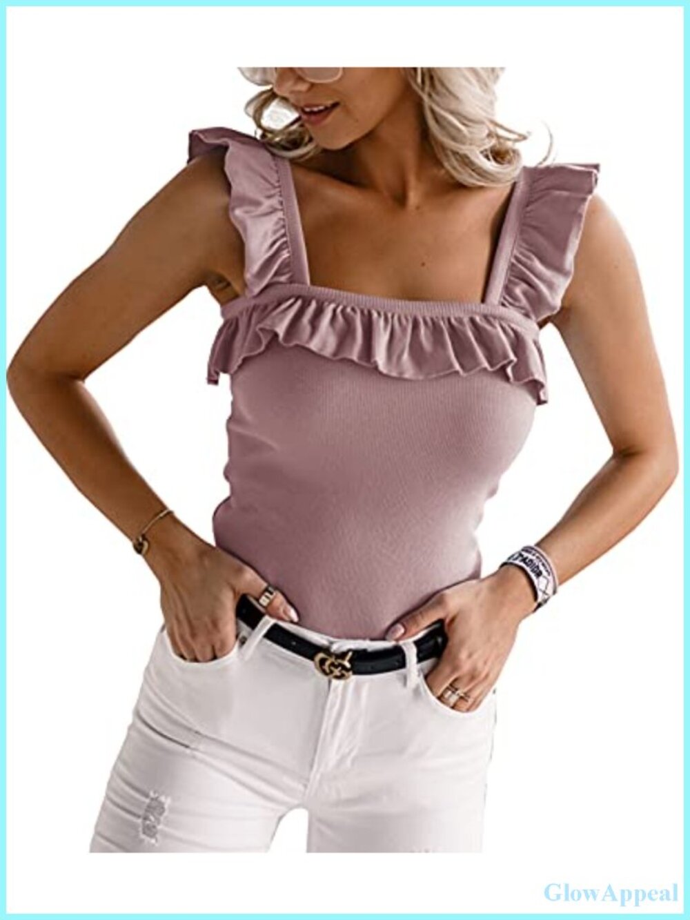 Women's Ruffle Strap Tank Top Square Neck Knitted Sleeveless Camisole